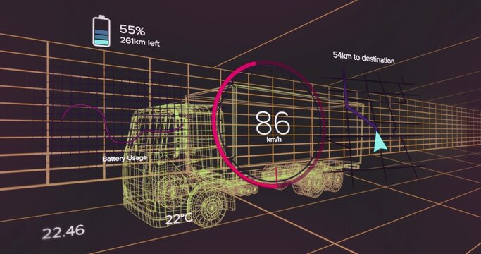 Fototapeta Rendering wireframe truck model driving through 3D grid, with speedometer and battery graph