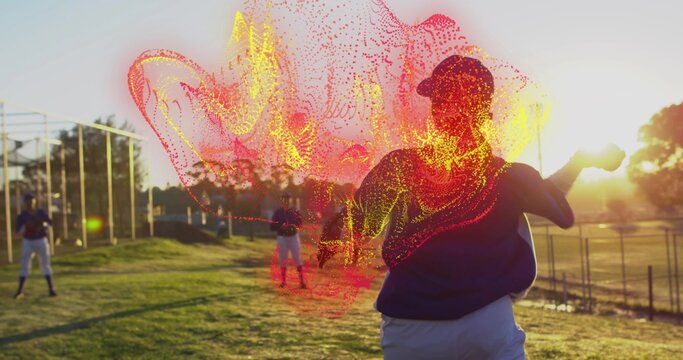 Pitching female player wearing jersey throwing baseball at sunset on field, with teammates ready - Powered by Adobe