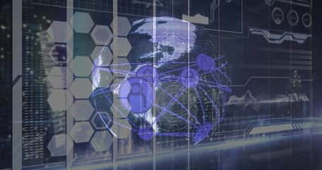 Displaying holographic globe showing network nodes at data center, with hex overlay and servers