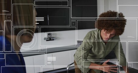 Leaning American man pointing at UI overlay over black table near camera on countertop in office