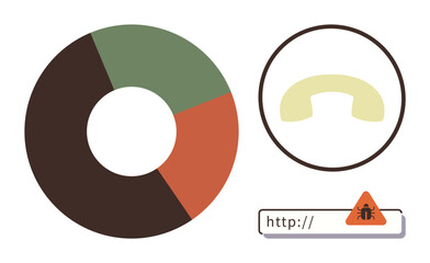 Donut chart with diverse sections, magnifying lens focusing on detail, and phishing warning on a URL bar. Ideal for analytics, cybersecurity, data risk, phishing, malware detection, fraud prevention