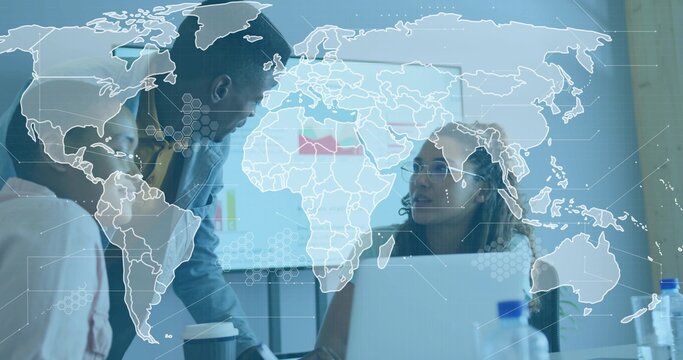 Analyzing business team discussing strategy in conference room, with laptops world map overlay - Powered by Adobe