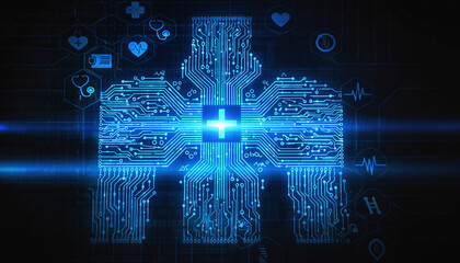 Cutting-edge healthcare technology solution with glowing circuit board design for innovative medical breakthroughs and digital health concepts, futuristic feel
