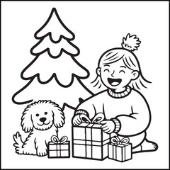 Cozy girl Christmas black and white coloring pages with Christmas-related images for adults and teens.
