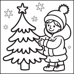 Cozy girl Christmas black and white coloring pages with Christmas-related images for adults and teens.
