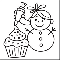 Cozy girl Christmas black and white coloring pages with Christmas-related images for adults and teens.