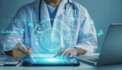 Innovative doctor analyzing medical data on tablet with stylus, advancing healthcare through modern technology and precision diagnostics for patient care
