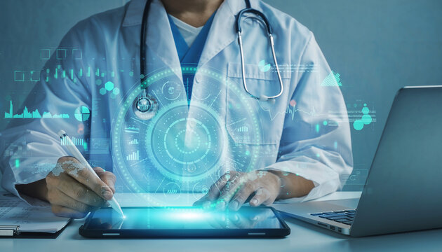 Innovative doctor analyzing medical data on tablet with stylus, advancing healthcare through modern technology and precision diagnostics for patient care - Powered by Adobe