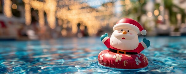 A cheerful Santa Claus toy floats in a swimming pool on an inflatable ring. Tropical Christmas holiday and summer vacation concept. Festive background with bokeh lights