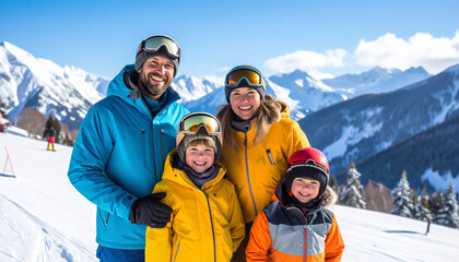 Happy family enjoying winter vacation skiing together