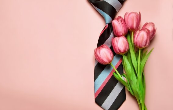 Striped tie with a bouquet of pink tulips celebrating Father's Day on a pastel background, offering copy space