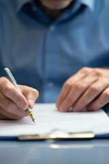 Person's hand holding a pen, writing signature on a contract or agreement paper. Close up on business transaction