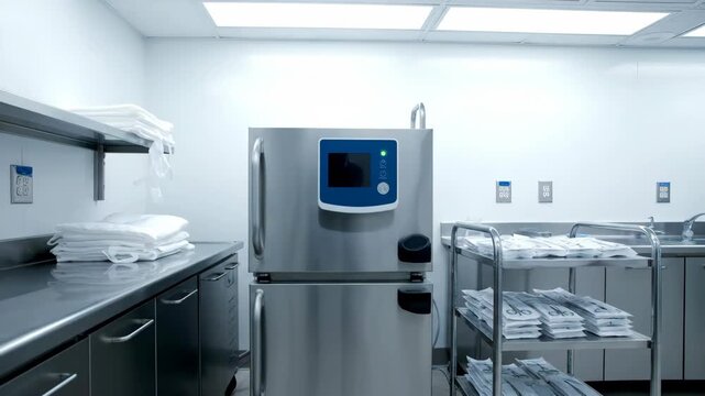 Sterile Processing Department with Autoclave and Medical Equipment.