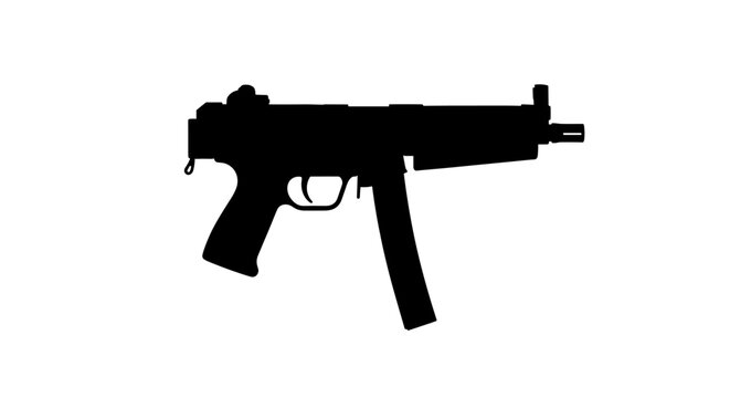 Sleek black silhouette of a submachine gun against a stark white backdrop, ideal for graphic design projects seeking a modern, minimalist edge