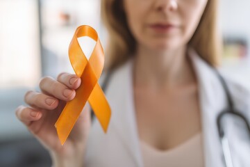 Doctor wearing a white lab coat and stethoscope, holding an orange ribbon, symbolizing health awareness and support