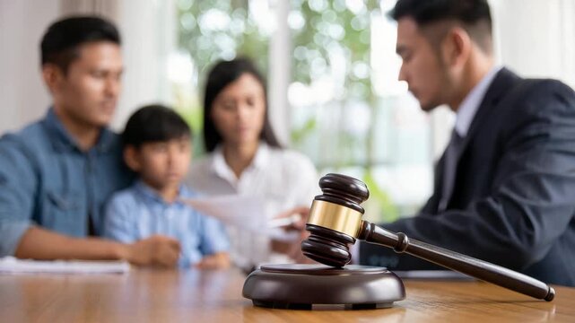 Family with child meeting lawyer for legal consultation, discussing family law, custody, or immigration matters, with gavel symbolizing justice, protection, and legal rights