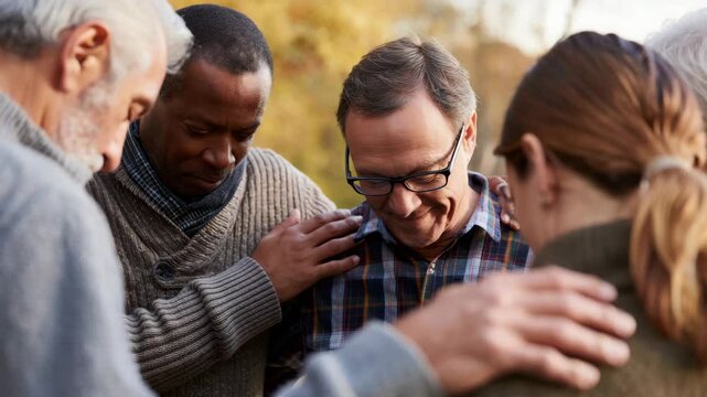 Individuals in a circle holding hands, group prayer, spiritual connection, outdoor meditation, unity, shared faith, community support, mutual guidance, seeking peace, emotional strength