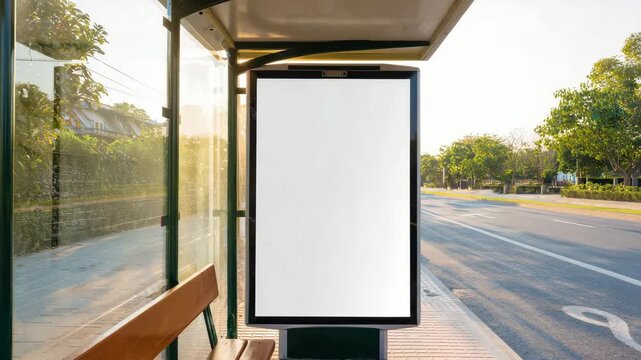 Blank advertising billboard at a bus stop on a sunny day, urban street background, outdoor marketing display, empty advertisement poster, public transportation waiting area, cityscape view