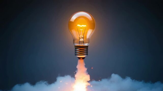Lightbulb launching like rocket with glowing filament, symbolizing innovation creativity concept, imaginative idea inspiration, bright future vision, startup entrepreneurship breakthrough - Powered by Adobe