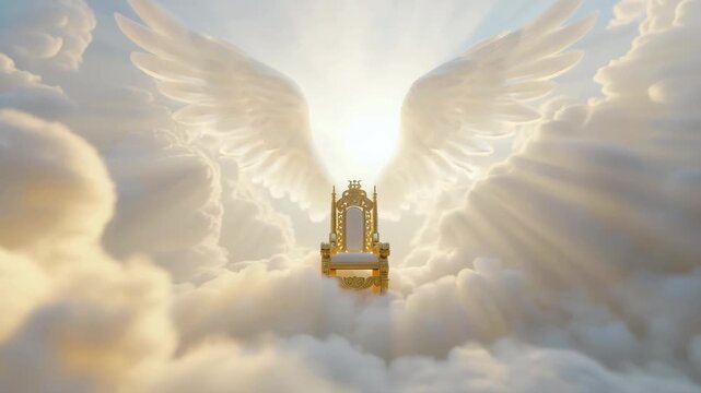 Animated heavenly golden throne of God with angel wings surrounded by clouds and divine light, symbolic Christian animation of the Second Coming and God's glory in the kingdom of heaven