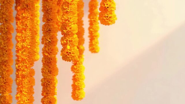 Traditional marigold flower garlands hanging for Indian festival decoration, Ganesh Chaturthi, Pongal, Gudi Padwa, weddings, and Hindu religious ceremonies