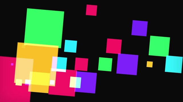 Abstract composition of overlapping colorful squares on a black background, creating a vibrant visual effect