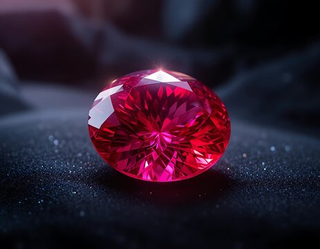 Radiant ruby gemstone shines brilliantly against a dark textured surface in a close up view