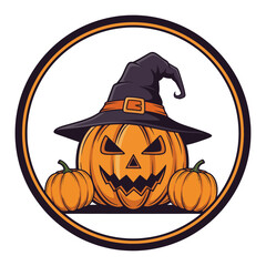 Cartoon illustration of a spooky jack-o'-lantern wearing a witch's hat, surrounded by two smaller pumpkins, all within a circular frame.