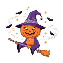 Cute cartoon pumpkin witch flying on a broomstick with bats and stars, Halloween illustration.