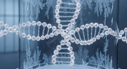 Intricate DNA helix structure glowing with blue light in a scientific setting.