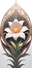 Elegant pale blossom flower within ornate frame showcases artistic presentation and detailed design.