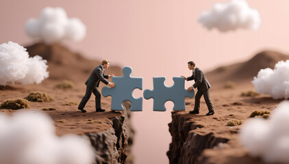Two businessmen are meeting on either side of a chasm, each holding a puzzle piece that fits together to bridge the gap