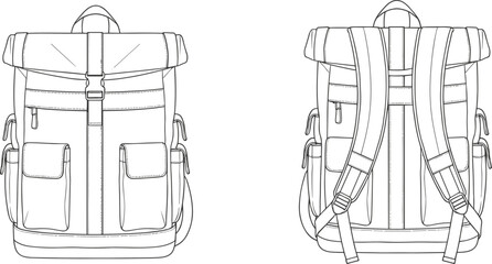 Backpack, top flap, zipper pockets, technical drawing, flat sketch, vector illustration, CAD design, fashion accessory, outdoor gear, travel bag, padded straps