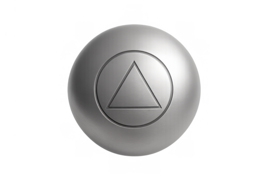 Metal sphere with a triangle in a circle symbol, representing concepts of sobriety, recovery, and support. Transparent background