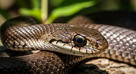 Obraz premium Close up of a beautiful brown snake with intricate scale patterns basking in natural sunlight