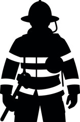 Black silhouette firefighter holding tool white uniform