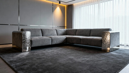 Modern gray sectional sofa with metallic armrests in a minimalist living room