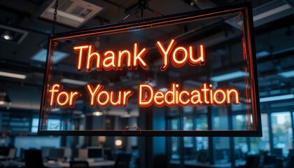 Neon sign displaying appreciation for dedication in a modern office setting with warm orange light