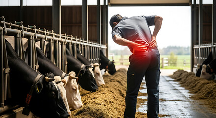 Farm worker suffering from lower back pain in a dairy barn, an occupational hazard of physical labor