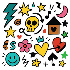 Colorful doodle icons including skull, heart, star, flower, lightning, smiley, and house shapes
