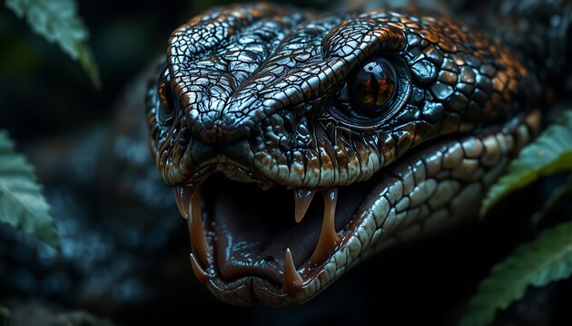 Intricate close up of a snake with open mouth showing fangs in a dark jungle environment