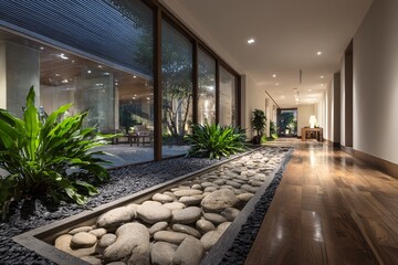 Hallway design features a rock garden and wood floors in a modern home.