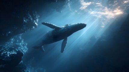 Fototapeta premium Large marine mammal swims gracefully through sunlit deep ocean cavern