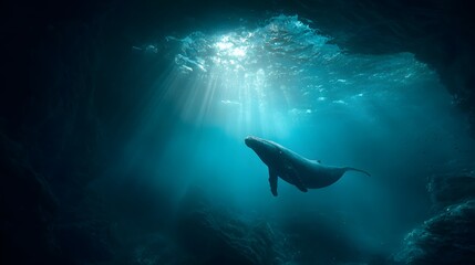 Obraz premium Majestic marine mammal swims beneath sunlit surface in deep blue ocean waters