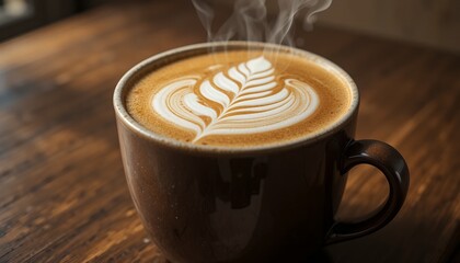 Freshly brewed hot coffee in a black ceramic cup with latte art on wooden table