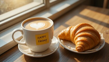morning coffee moment with heart shaped latte art and fresh croissant on a wooden table by the