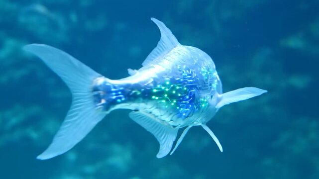 A robotic fish swims in blue waters, its body revealing a circuit board design