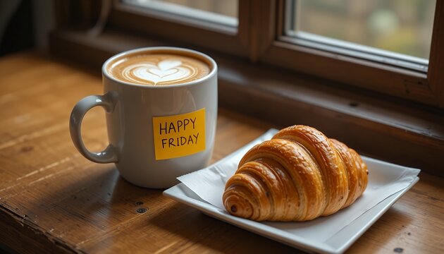 morning coffee with latte art and a croissant on a wooden table by a window with natural light - Powered by Adobe