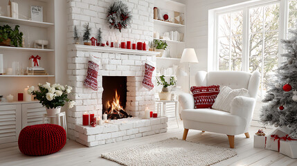 Minimalist white living room with a red-accented Christmas fireplace, red candles, ornaments, and stockings, modern holiday interior design, soft warm light, isolated on white background