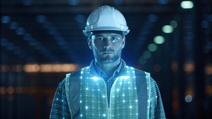 A focused worker in a high-tech environment wears a glowing vest and hard hat, showcasing innovation in safety and technology.